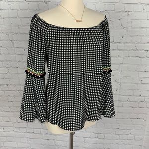 NY Collection Gingham Check Bell Sleeve Top Large